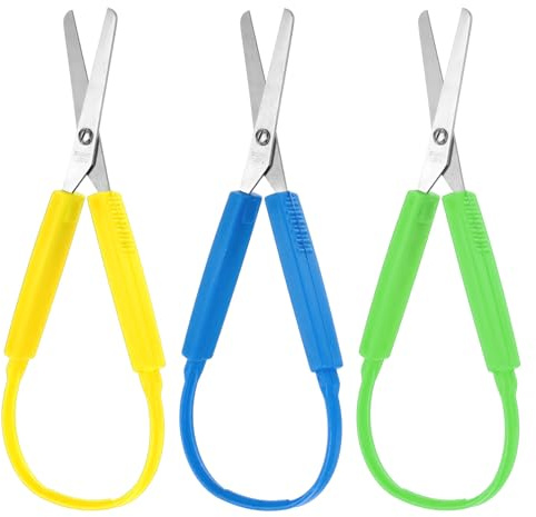 3 Stück Bastelschere Adaptives Design Schlaufenscheren Bunte Griff Schere 14 cm Bastelschere Kinder Selbstöffnende Sicherheitsschere für Schulen Besondere Bedürfnisse (Gelb, Grün, Blau)