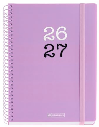 Miquelrius - Skolkalender 2026 2027 veckovy 12 månader, A5+ storlek (15 x 21,3 cm), polypropylen, färgad metallspiral, gummistängning, runda kanter, klistermärken, spanska-EN, lila