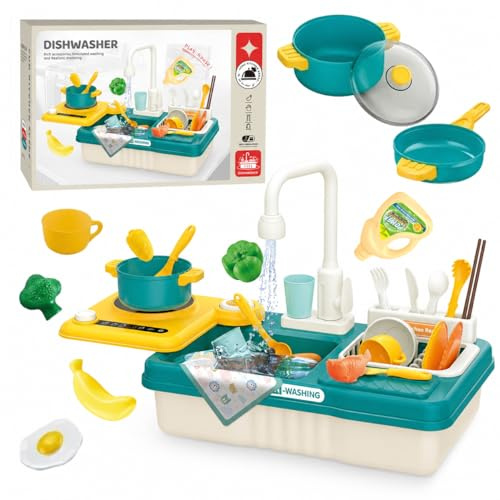 Toyana 2in1 Play Sink with Running Water & Cooking Stove, 32 PCs Kids Pretend Play Kitchen Utensils Accessories Playset, Educational Gift for Children 3+ Years - Blue