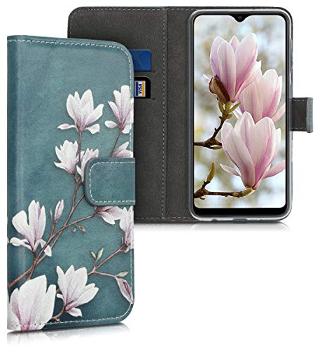 kwmobile Wallet Case kompatibel mit Samsung Galaxy A10 Hülle - Cover mit Ständer und Kartenfächern - Magnolien Taupe Weiß Blaugrau