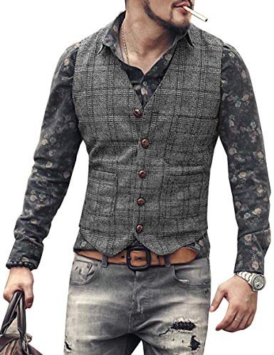 Solove-Suit Gilet da Uomo in Gilet Scozzese Tweed Slim Fit per Groomsmen da Sposa(Grigio,S)