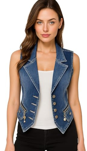 Lazutom Gilet court sans manches en jean pour femme, bleu, 44
