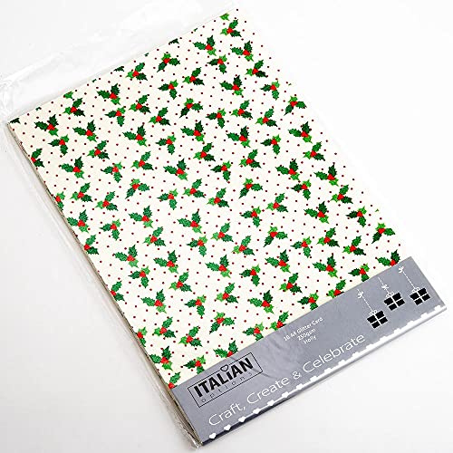 Italian Options 250GSM Non Shed Glitter Card Craft Paper 10 Sheets, A4 Size, Christmas Holly