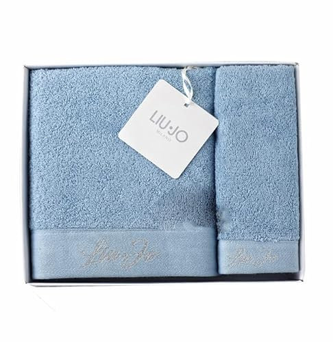 Russo Tessuti Set Bagno Teli Spugna 100% Cotone 1+1 Viso Ospite Liu Jo LiuJo Lurex Logo Ricamo-Celeste
