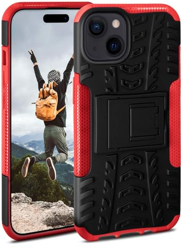 ONEFLOW Tank Case kompatibelt med Apple iPhone 15 – fodral utomhus stötsäkert, mobiltelefonfodral med stativ, kamera och skärmskydd, mobiltelefon hårt fodral, pansarfodral, Vulcano – röd