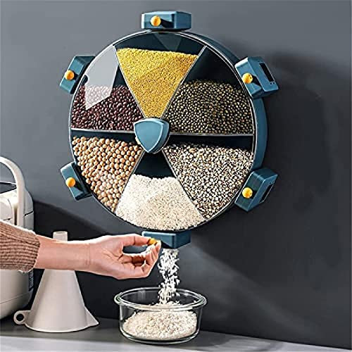 Dispensador de Granos montado en la Pared Contenedores de Almacenamiento de arroz giratorios Dispensadores de Cereales Cubo de arroz con 6 Compartimentos Dispensador de Alimentos Secos para