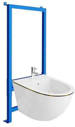 LAVITA Sofi Gold Line Élément mural pour bidet LAV 500 + bidet mural Sofi Gold Line Kit complet avec trou de robinetterie et protection anti-débordement en céramique WC hygiénique et facile
