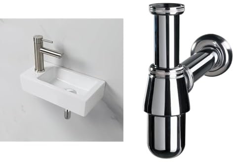 Ibergrif M41102-L, Lavabo Lave Main Blanc Rectangulaire & Wirquin 30719890 Siphon de lavabo en laiton Ø32 avec sortie murale et réglable en hauteur, chromé