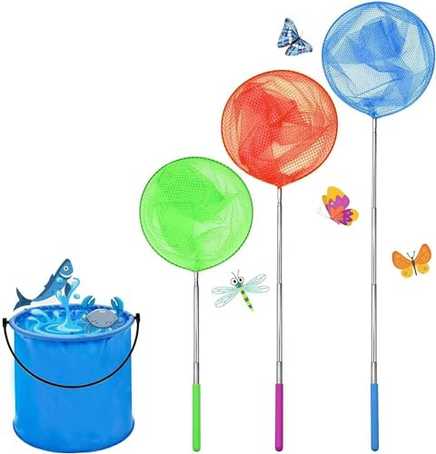 3 Pack Kids Fishing Net,Extendable Butterfly Net,3 Colours Mesh Net for Catching Crabbing Bugs Insects Bird Playing Beach Ponds Pool Outdoor Telescopic Catching Net