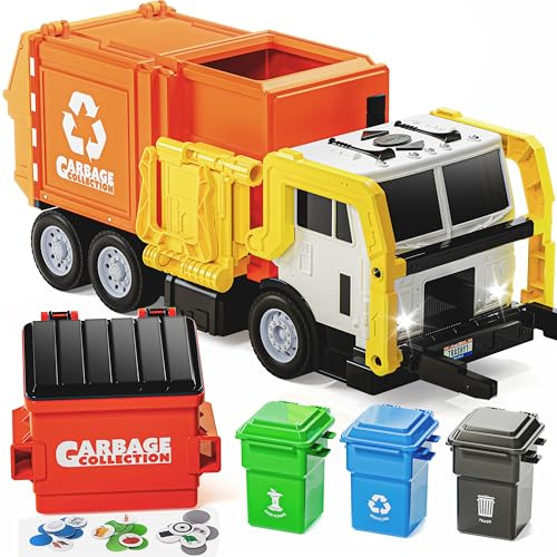 JOYIN Bin Lorry Toy for 3-8 Year Old Boys, Garbage Truck with Light & Sound | Friction Powered Front Load Garbage Truck Toys with Trash Bins & Cards, Birthday Gifts Toys for Boys Girls Aged 3-8, Orange