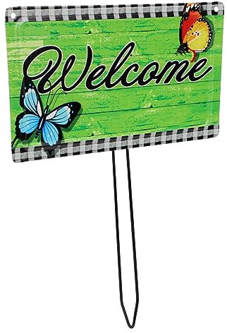 FONDOTIN Cartello Di Benvenuto in Ferro Per Giardino Esterno Decorazione Con Inserti Forma Di Farfalla e Fiori Da Terra Resistente e Antiruggine Per Cortile Prato e Patio Decorazioni Estive