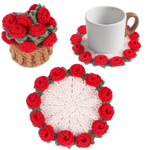 Fnaobai Handgjorda virkade underlägg set med minikorg – boho blommiga underlägg för soffbord bröllopspresent inflyttning, födelsedag vintage rosdesign (röd)