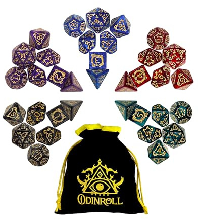 ODINROLL Juego de Dados Poliédricos, 35 Piezas - 5 Sets de Dados de rol con 1 Bolsa para Dungeons and Dragons D&D RPG MTG Juegos de Mesa, Incluye D20, D12, D8, D6, D4, D10 (0-9) y D10 (00-90)