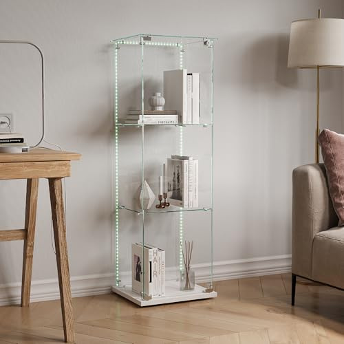 TIMORWTF Vitrine aus Glas mit LED-Lichtstreifen, EE-Vitrine modern mit 3 Regalen und Tür, Wandvitrine für Sammlung, für Schlafzimmer, Wohnzimmer und Esszimmer, 123 x 40 x 35 cm, Weiß