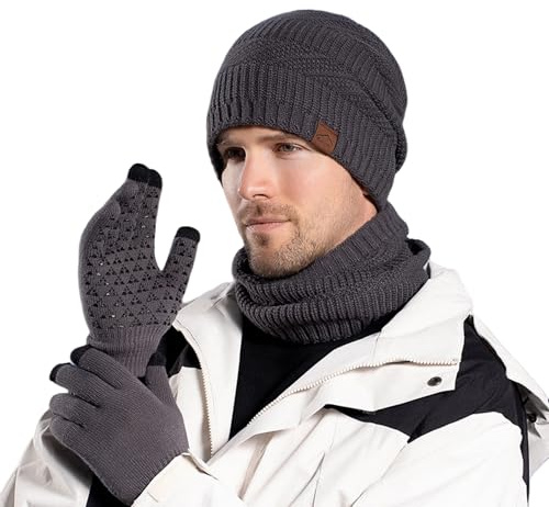 Men's Winter 3-Piece Set - Beanie Hat, Scarf & Touchscreen Gloves - Warm, Soft & Stylish Knit Winter Accessories (Grey, ONE SIZE)