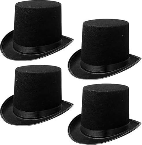 Xaztr 4er Pack Zylinder Hüte, Schwarzer Kostüm Zylinder aus Filz mit Hoher Krone und Satinband, Klassischer Hut für Halloween, Magier, Zirkus, Ringmeister und Verkleidungsparty Accessoire