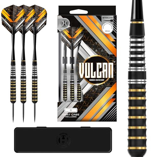 Harrows Vulcan Brass Steel Tip Darts set i 22 g, 24 g eller 26 g – gummibelagt fat med Speedline-axlar, Vulcan-flygningar och dartfodral – hållbara dartpilar för vardaglig och tävlingslek
