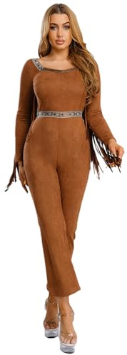dPois Dam indiankostym squaw utklädnad cosplay onepiece jumpsuit med tofsar etnisk outfit temafest karneval