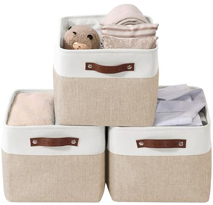 DECOMOMO Storage Bins, Large Fabric Storage Baskets for Shelves, Decorative Linen Closet Organizer, 15 x 11 x 9.5 inches (Beige & White, 3 Pack)