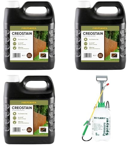Postsaver Creostain Creocote & Sprayer | Oil Based Timber Wood Treatment | Creosote Substitute | Wood Stain and Preserver, Ideal for Fence Treatment | 12 Litre + Sprayer (Dark Brown)