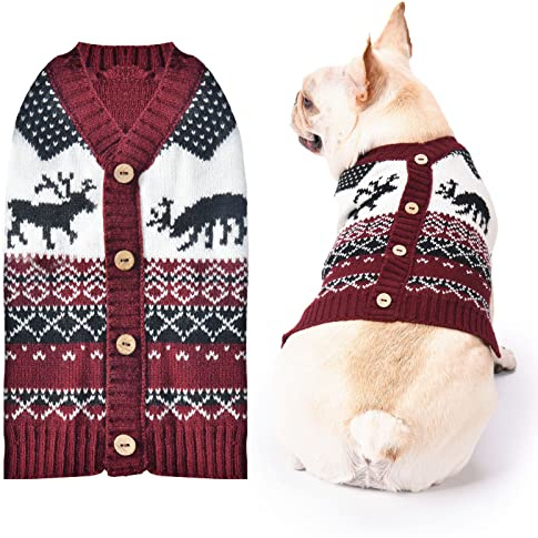 SKXEO Christmas Dog Jumper Snowflake Reindeer Pattern - Soft Classic Pet Sweater Warm Cat Dog Apparel, Knitwear Pet Winter Clothes Xmas Outfits(Red Reindeer,XS)