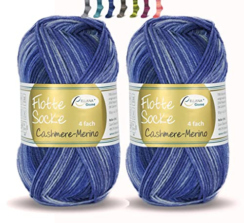theofeel Set | Sockenwolle mit Kaschmir 4-fädig 2x50g | Sockengarn Rellana Flotte Socke Cashmere Merino | Strumpfwolle aus Merinowolle und Kaschmirwolle (1324 blau degradé (2x50g))