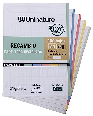 Unipapel | A4 återvunnet pappersersättning | 100 5x5 fyrkantiga ark | 5 Band Färg | 4 Borrar | Superstarkt papper | PaperClass90g