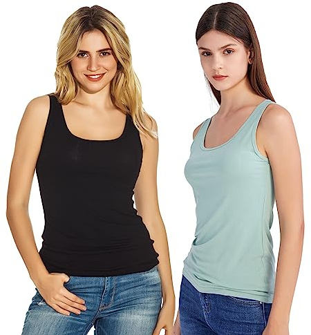 Mcilia Women's Fine-Ribbed Soft Stretch Vest Tank Top 2-Pack Light Green/Black S (EU 34 36 38)