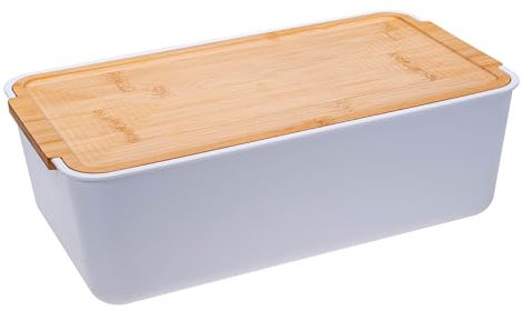 KaMel GmbH Boîte à pain avec planche à découper en bois de bambou, boîte à pain moderne avec couvercle en plastique de qualité supérieure, en blanc ou noir (rectangulaire, blanche)
