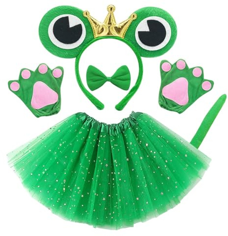 EUPSIIU Animale Costume Rana Cosplay Giochi Rana Fascia Peluche Artiglio Guanti Rana Orecchie Coda e Fiocco Tutu per Ragazze Fency Dress Up Carino Rana Costume Bambini Halloween Festa (Verde)
