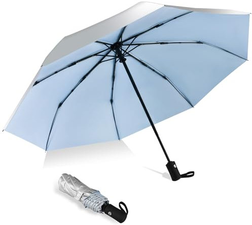 HEXSOLID 46/42inch Strongest Windproof Travel Umbrella Auto Open Close Folding Compact Durable Umbrella for Rain and Wind 210T Fabric 8 Strong Fiberglass Frame (Silver/Blue, 46inch)
