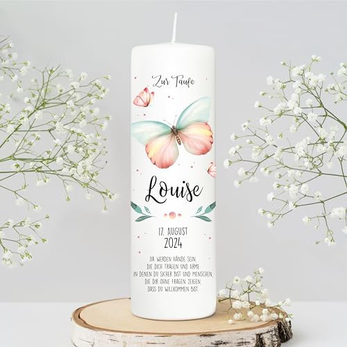Wandtattoo Loft Taufkerze Mädchen oder Jungen mit Taufspruch, Motiv mit Schmetterlingen, 25cm x 8cm, personalisierte Kerze, bedruckte Kerze zur Taufe, Stumpenkerze, individuelles Taufgeschenk