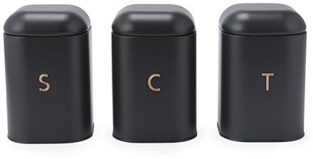 Salter BW13729EU7 Pebble juego de botes de azúcar de té y café – Cajas de almacenamiento de encimera, contenedores de encimera de cocina, latas etiquetadas de acero al carbono, gris/oro