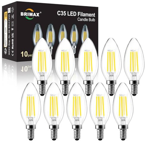 BRIMAX 10 Stück LED Dimmbare 6W Glühbirnen, E14 Fassung, 5000K Kaltweiss, 6W ersetzt 60 Watt, 600 Lumen, AC220-240V, Glas Klar Edison Fadenlampe C35 Kerzenform für Kronleuchter Arbeiten Studieren