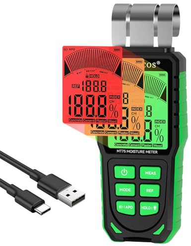 RDINSCOS Pinless Moisture Meter for Wood, Cement, Floors, Drywall, Concrete and Plaster – Non-Invasive Digital Damp Detector with 40mm Depth, REF Mode, Backlit LCD, for Home and Professional Use