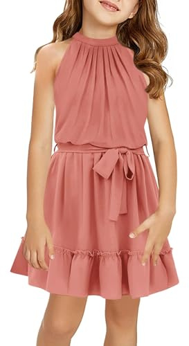 Halomoning Girls' Sleeveless Dress Simple Classic Casual Knee-Length for Children Summer Princess Party Wedding Tie Waist A-line