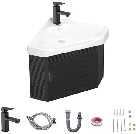 Eckwaschbecken mit Unterschrank, Triangle Keramik Waschtisch mit Wasserhahn und Fallrohr, Wandhängendes Eck-waschtisch für Badezimmer(Weiß, 42cm/16.5in)