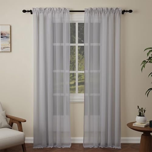 Pacok Darkgray Voile Curtains 108 Drop, 2 Panels Rod Pocket W56xL108 Inch | See Through Net Curtains for Windows Long Washable Sheer Curtain Panel for Living Room, Bedroom, Kitchen 142 x 274cm Drop
