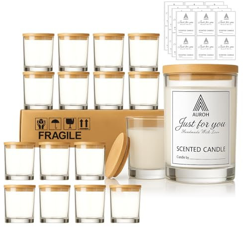 Auroh 15 Pack Glass Candle Jars with Bamboo Lids - 7 OZ Transparent Candle Containers for Candle Making - Ideal Candle Making Supplies for Professionals as Well as hobbyists