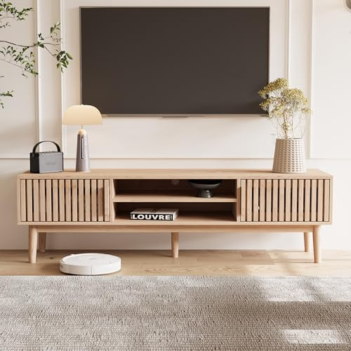 PerGar TV-skåp, TV-bord med 2 dörrar, TV-bänk med öppet förvaringsutrymme, 150 cm lång, TV-hylla för TV upp till 65 tum, för vardagsrum, sovrum, original träfärg