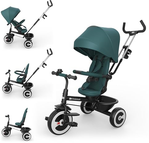 Kinderkraft Aston 2 PRO Dreirad mit Schiebestange, drehbarer 360° Sitz Click & Twist, Halbliegefunktion vor- & rückwärts, Freilaufpedale, Verdeck mit Sichtfenster, Grun