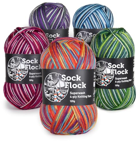 4-Ply Sock Yarn 5-Pack 600g, New Zealand Wool, Superwash, 5 Colours