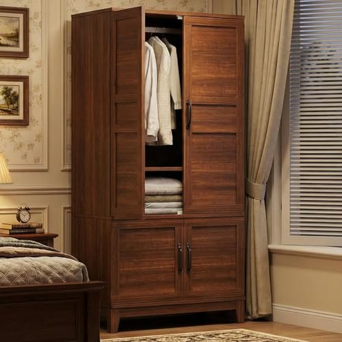 IDEALHOUSE Armoire Wardrobe Closet with 4 Doors, 72 Tall Wooden Clothing Wardrobe with Hanging Rod & DIY Adjustable Shelf, Heavy Duty Bedroom Armoire Storage Cabinet, Walnut