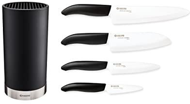 Kyocera Soft-Touch Messerblock Schwarz | bis zu 8 Messer | mit 4 GEN Keramik Messer | Santoku Messer, Universalmesser, Gemüsemessser, Schälmesser | Messerblock rund aus Kunststoff und Edelstahl