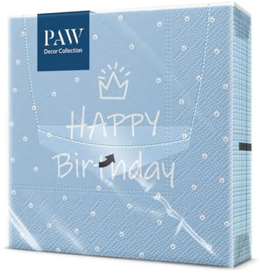 PAW – servetter 3 lager (33 x 33 cm) I 20 stycken I perfekt för fester, födelsedagar, firanden I födelsedag bordsdekoration – färgglada pappersservetter med motiv – blå Happy Birthday-I Special Day