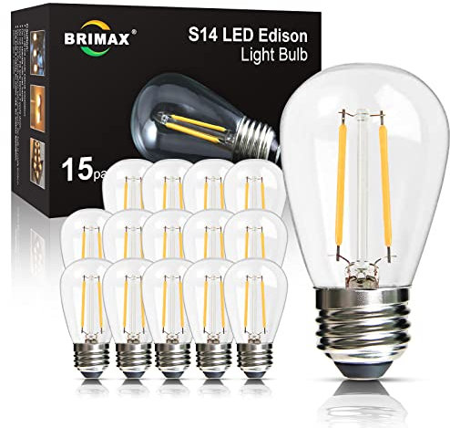 BRIMAX 15 pezzi E27 2W Lampadina Led 2700K Bianco Caldo Edison Lampadina 2W=20W 230V S14 Led Lampada vetro trasparente Lampadine di ricambio per stringhe luminose Illuminazione interna ed esterna