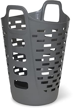 Clorox Flexible Laundry Basket - Tall Plastic Hamper for Clothes, Bedroom, and Storage - Portable Round Bin with Carry Handles, 2 Bushel, Grey