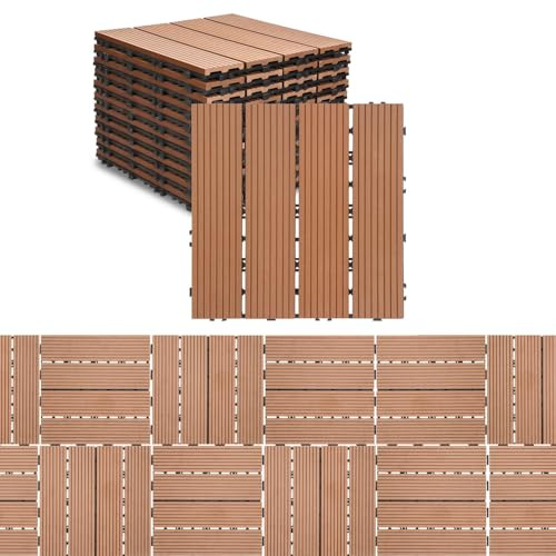 Ikodm Piastrelle per Pavimenti da Esterno Piastrelle per Terrazze in WPC, 30x30cm 55 Pezzi 5m² Piastrelle da Giardino con Drenaggio e Sistema Plug-in, Antiscivolo, Marron