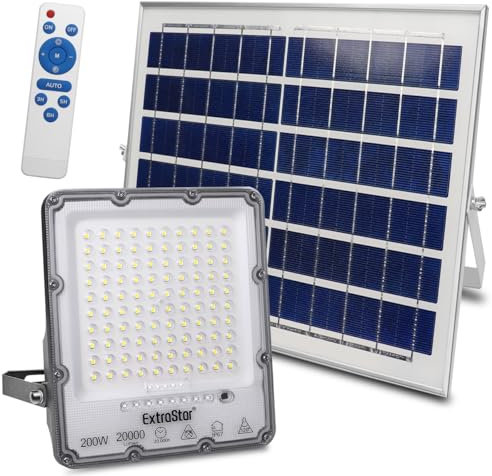 EXTRASTAR Foco Proyector LED Solar 200W con Mando a Distancia, Luz Blanca Fría 6500K, 20000Lm, Resistente al Agua IP67, para Exterior, Jardín, Patio, 1Pc