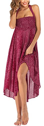 JENJON Femme Robe Imprimé Fleurie Ete Boheme Jupe Style Ethnique 2 en 1 sans Manche Plage Strap Wrap Taille Unique A-Rouge